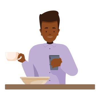 Office worker drinking coffee and using smartphone at breakfast table vector