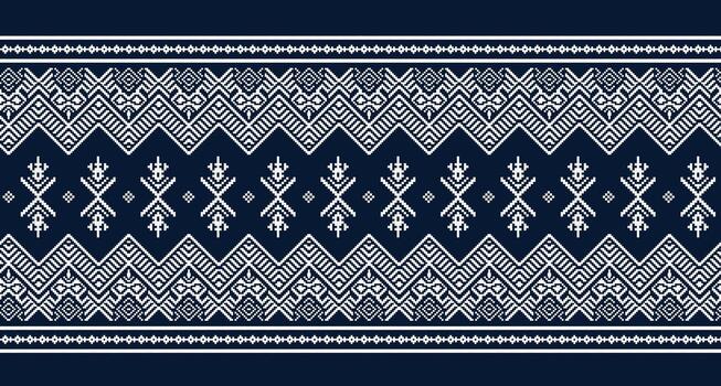 The ethnic pixel pattern on a dark blue background. The pattern is made up of repeating shapes, including diamonds, zigzags and other geometric element vector
