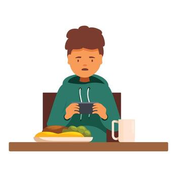 joven hombre postergación su comida mientras utilizando teléfono inteligente a el mesa vector