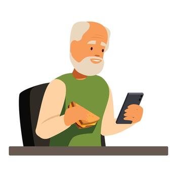 Elderly man enjoying sandwich while using smartphone at table vector