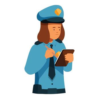 Policewoman writing notes on notepad, observing and taking notes vector