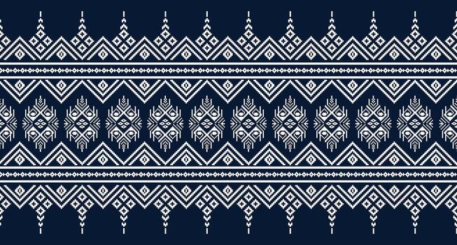The ethnic pixel pattern on a dark blue background. The pattern is made up of repeating shapes, including diamonds, zigzags, and other geometric elements. vector