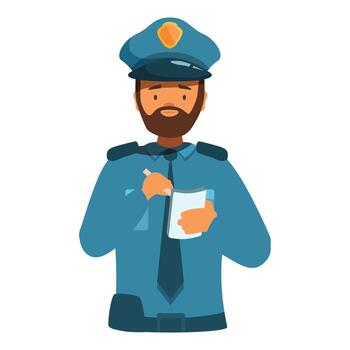 Policeman writing on notepad taking notes filling report vector