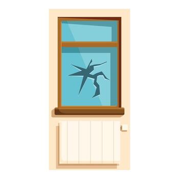 Broken window glass showing cracks and damage with radiator below vector
