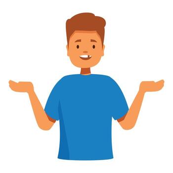 Smiling boy shrugging shoulders showing open palms vector