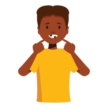 Young boy showing missing tooth and pointing at it with fingers vector
