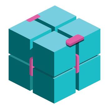 Turquoise cubes connected by pink handles forming a larger cube in isometric view vector