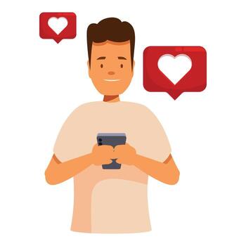 Happy man using smartphone with like notification icons vector