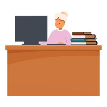 mayor mujer trabajando en computadora a escritorio con apilar de libros vector
