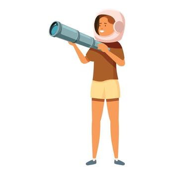 Young astronaut exploring space using telescope, discovering new planets vector