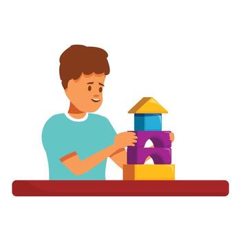 Boy building a colorful tower with toy blocks at table vector