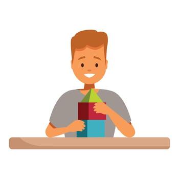 Happy child playing with building blocks at table vector