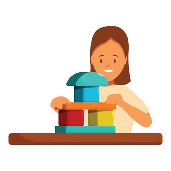 Smiling girl building a tower with colorful wooden blocks at table vector