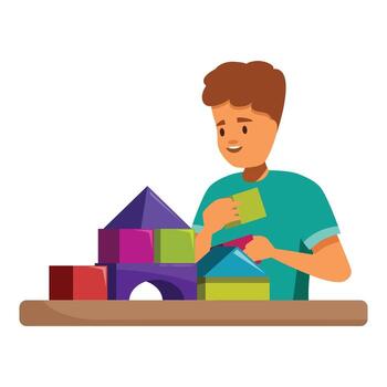 Boy building a colorful castle with blocks at a table vector