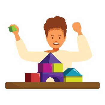 Happy child playing with building blocks, developing creativity and motor skills vector