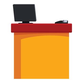 Reception desk with computer and credit card machine processing payment vector