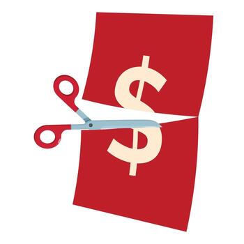 Scissors cutting dollar sign on red background representing cost reduction vector