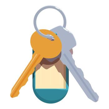 Two keys on key ring with blank label hanging, security and access concept vector