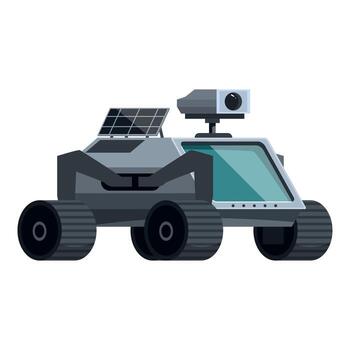 Autonomous rover exploring extraterrestrial planet surface with solar panels and camera vector