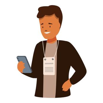 sonriente hombre vistiendo un Insignia utilizando teléfono inteligente vector