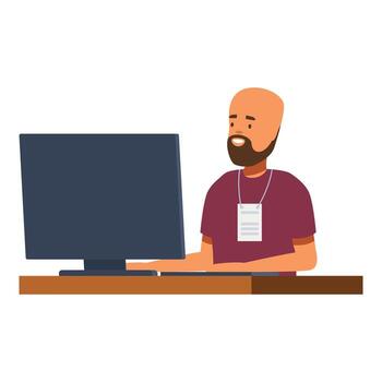 Smiling bearded freelancer working on desktop computer at home office vector