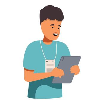 Smiling young man with badge using digital tablet vector