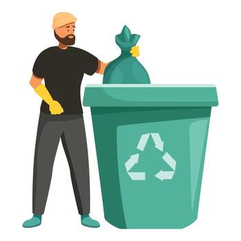 hombre lanzamiento basura bolso dentro reciclaje compartimiento, residuos clasificación y reciclaje concepto vector