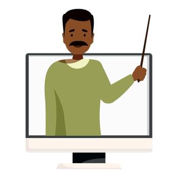 Teacher holding pointer giving online class using computer monitor vector