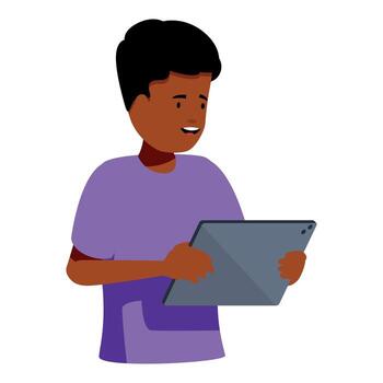 joven hombre utilizando digital tableta, hojeada Internet, acecho o jugando juego vector