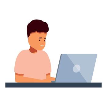 Young man working or studying using laptop computer, smiling and looking at screen vector