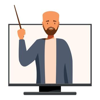 Teacher giving online lesson using computer and holding pointer vector