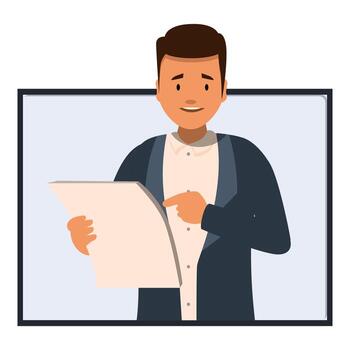 sonriente empresario señalando a documento durante conferencia vector