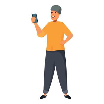 Young man using smartphone, holding mobile phone, reading messages, watching , making selfie, browsing internet, chatting online vector