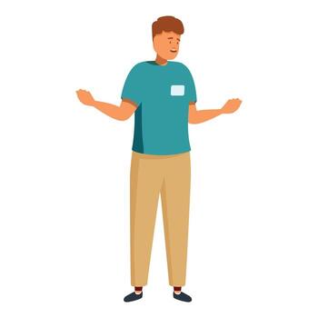 Shop assistant explaining something with open arms vector
