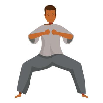 Young man practicing kung fu, maintaining a wide stance and fists forward vector