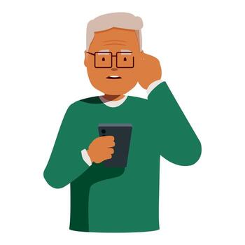 Confused senior man having hearing problems using smartphone vector
