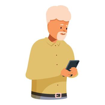 Smiling senior man using smartphone, embracing modern communication vector