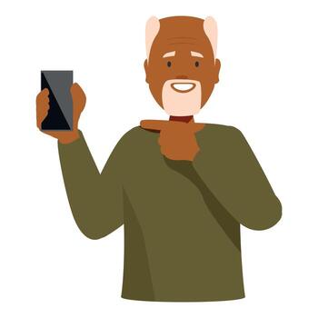 sonriente mayor hombre demostración teléfono inteligente y señalando a eso vector