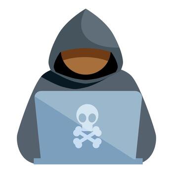 hacker utilizando ordenador portátil con cráneo y tibias cruzadas símbolo, cibercrimen concepto vector