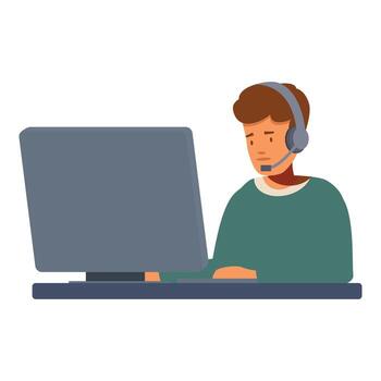 Focused call center operator working on desktop computer vector