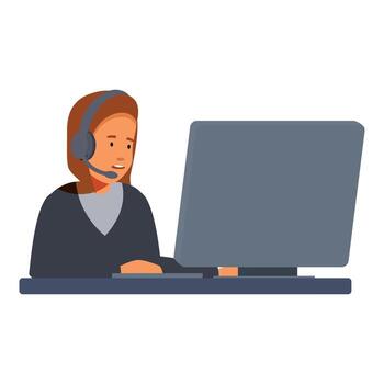 Call center operator working with headset and computer vector