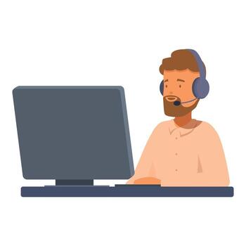Male call center operator working on computer with headset vector