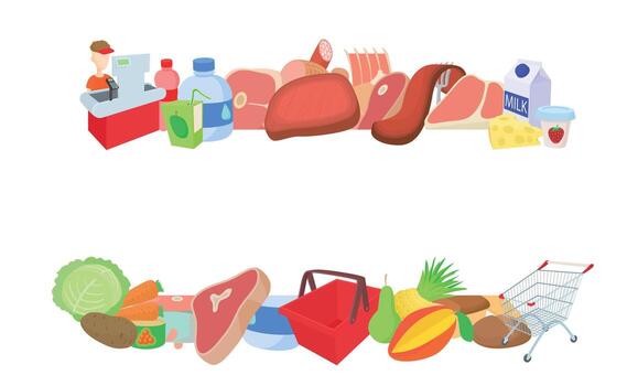 Supermarket grocery food shopping items frame banner cashier working at checkout counter vector