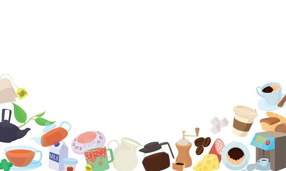 Coffee, tea, breakfast and dessert frame composition with blank space for text vector