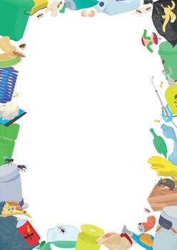 Garbage frame bordering waste disposal and pest control tools surrounding white copyspace vector
