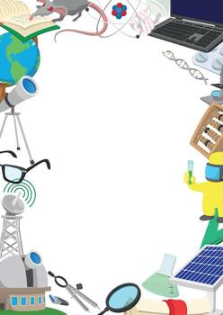 Science studying frame bordering copy space with lab rat, atom, laptop, dna, microscope, abacus, scientist, solar panel, telescope, and glasses vector
