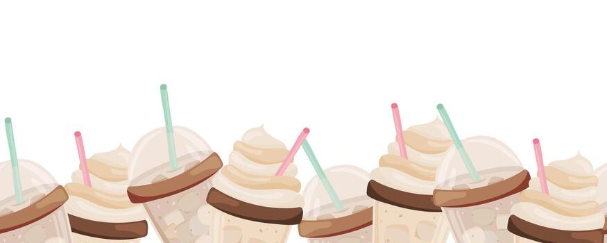 Seamless border with frappe and latte drinks at the bottom vector