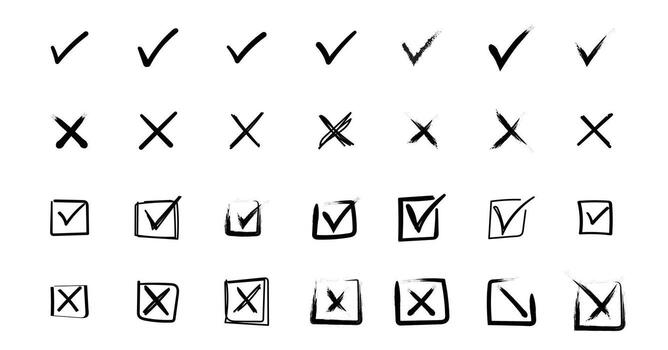Cross box x check mark checkbox v list, hand drawn marker checklist vector