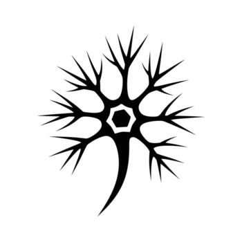 Abstract Black Neuron Silhouette with Hexagonal Core and Branching Dendrites. vector