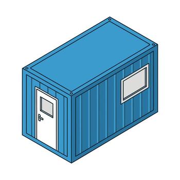 Isometric Blue Shipping Container with Door and Window Converted into Portable Office or Modular Building. vector